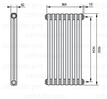 Схема (чертеж) Радиатор Zehnder Charleston 2150/8 №7610 Белый глянцевый RAL 9016